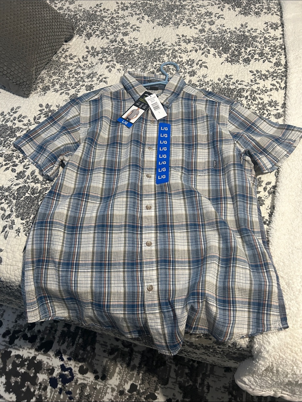 Eddie Bauer Short-Sleeve Plaid Button-Down in Blue, White, and Brown
